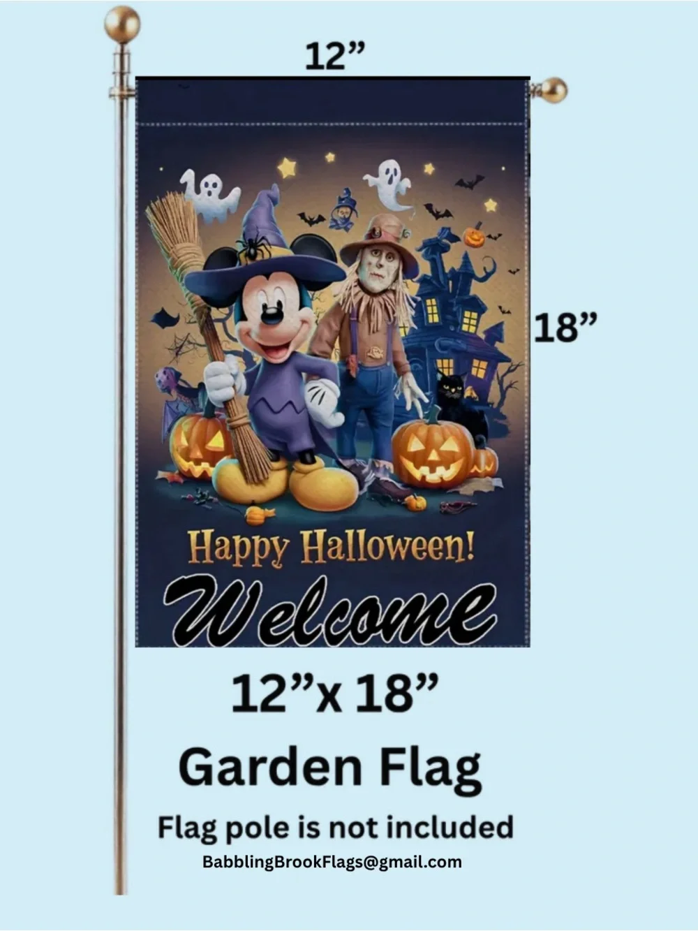 Halloween Mickey Mouse Garden Flag, approximately 12”x18”, burlap